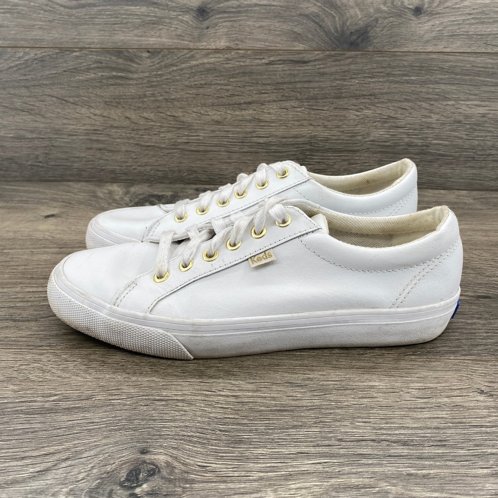 Keds Jump Kick Leather Sneakers Womens 8 White Gold Eyelet Low Top WH63681
